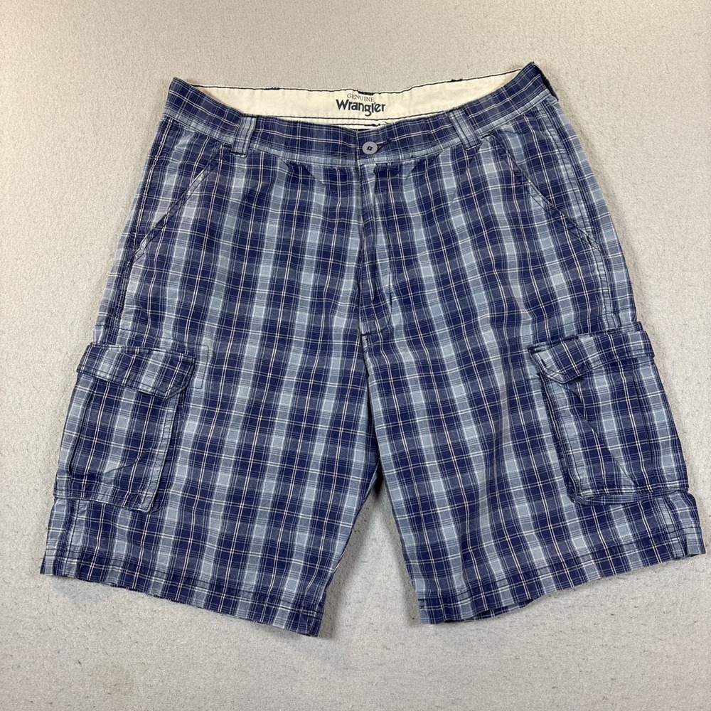Y2K Men Genuine Wrangler Blue Plaid Cargo Shorts 36X11